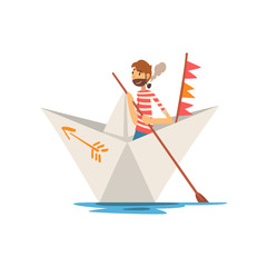 Sticker - Man Sailor with Tobacco Pipe Boating on River, Lake or Pond in Paper Boat Vector Illustration