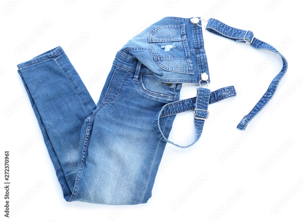 Stylish jeans overall on white background