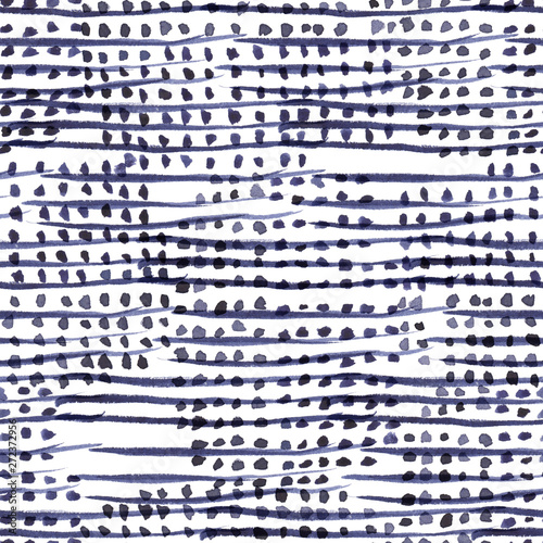 Abstract navy blue stripes and dots. Seamless watercolor pattern