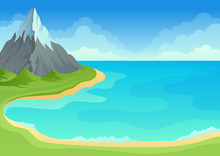 Sea Bay With Green Shore And Sandy Edge. Vector Illustration On White Background.