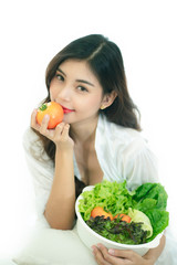 Beautiful Asian woman with healthy food. Heathy life style and Beautiful skin care food concept.