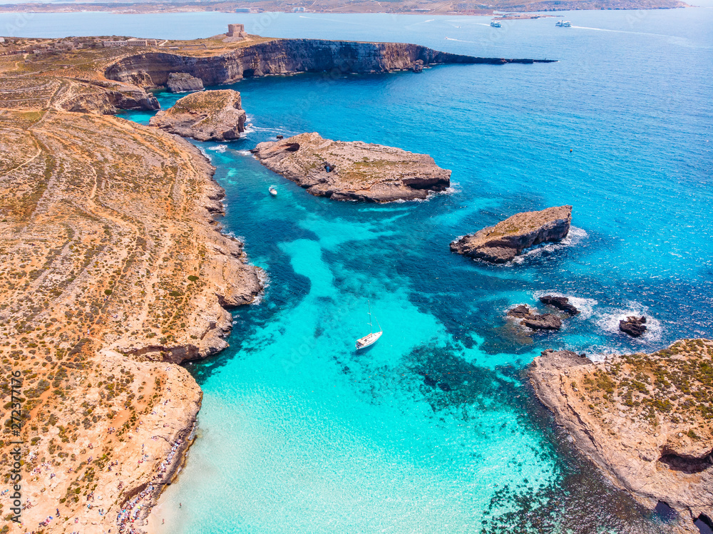 Panorama beach Blue Lagoon Comino Malta. Aerial view - obrazy, fototapety, plakaty 