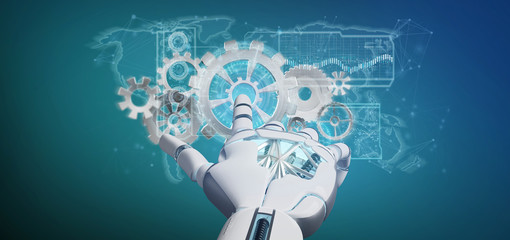 Poster - Cyborg hand holding a  gear wheel interface 3d rendering