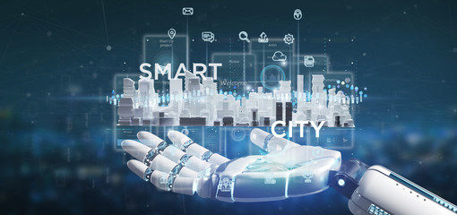 Poster - Cyborg hand holding Smart city user interface with icon, stats and data 3d rendering