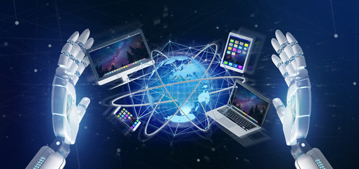 Poster - Cyborg hand holding a Computer and devices displayed on a futuristic interface with international network  - 3d rendering