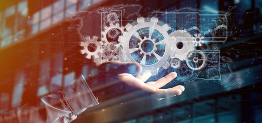 Poster - man holding a technology gear wheel interface3d rendering