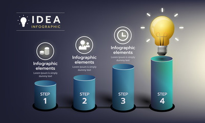 Infographic step to the idea grow with light bulb, dark background. Vector illustration