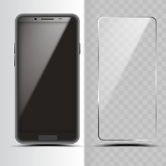 smartphone and screen protector glass cover vector. transparent tempered protector shield for mobile