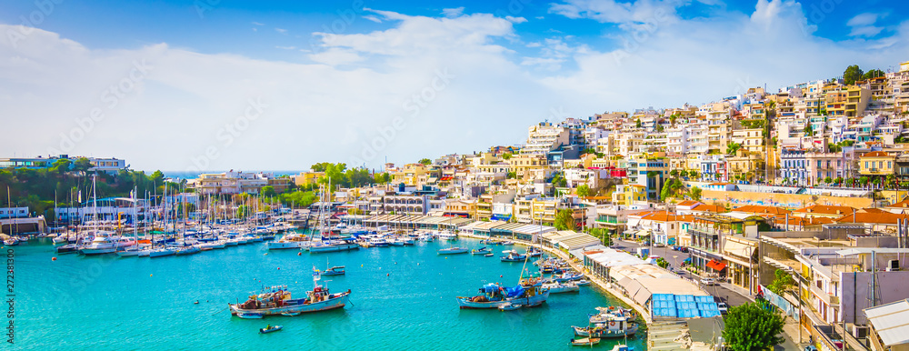 Panoramic view of Mikrolimano with colorful houses along the marina in Piraeus, Greece. - obrazy, fototapety, plakaty 