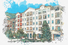 Watercolor Sketch Or Illustration Of A View Of A Modern Apartment Building.