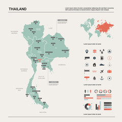 Wall Mural - vector map of thailand. country map with division, cities and capital bangkok. political map, world 