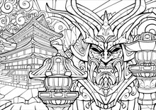 Coloring Page For Adults, Sinister Samurai Mask.