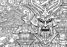 Coloring Page For Adults, Sinister Samurai Mask.