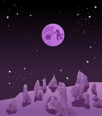 Poster - Beautiful abstraction of the full moon in outer space with stars, view from the planet. Print. Cosmic illustration in purple colors