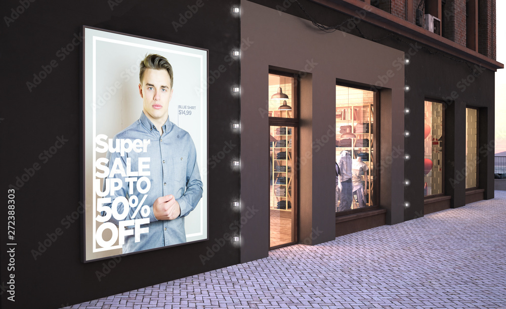 Shopfitting Poster fashion poster mockup on a wall near fashion store Stock Illustration ...