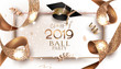 Graduation 2019 banner with golden design elements and ribbon. Vector illustration
