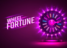 Casino Neon Colorful Fortune Wheel. Purple Background.