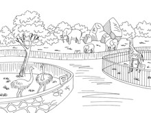 Zoo Park Graphic Black White Landscape Sketch Illustration Vector