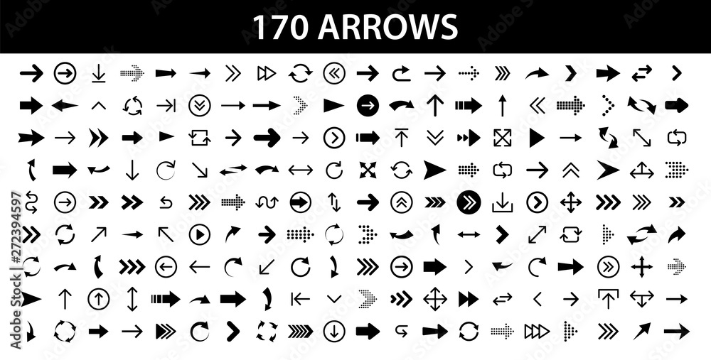 Arrows set of 170 black icons. Arrow icon. Arrow vector collection. Arrow. Cursor. Modern simple arrows. Vector illustration. - obrazy, fototapety, plakaty 