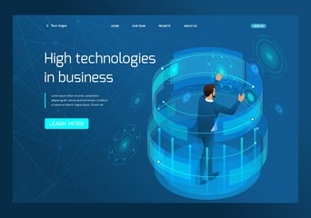 Poster - isometric high technology in business, a businessman working on a virtual screen. template landing p