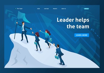 Poster - isometric business concept, a successful leader leads his team to success. template landing page