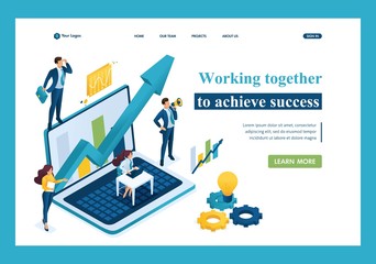 Poster - isometric business concept, working together as a team to achieve success. template landing page