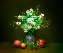 Still Life, Flowers, A Bouquet Of Flowers In A Vase With Objects