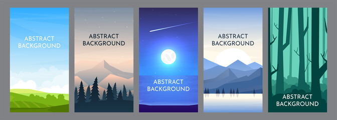 Set of wallpaper for vertical orientation. Vector abstract background. Minimalistic concept. Landscapes in a flat style with copyspace