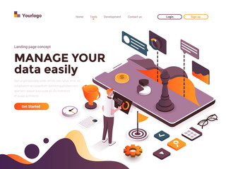 Poster - flat color modern isometric concept illustration - manage your data easily