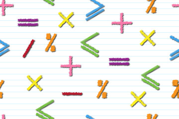 Mathematical seamless pattern of multi-colored math signs on a stripe-lined sheet, concept of education or business