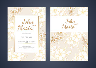 Wall Mural - Wedding Invitation with Gold Flowers and gold geometric line design. background with geometric golden frame. Cover design with an ornament of golden leaves. vector eps10