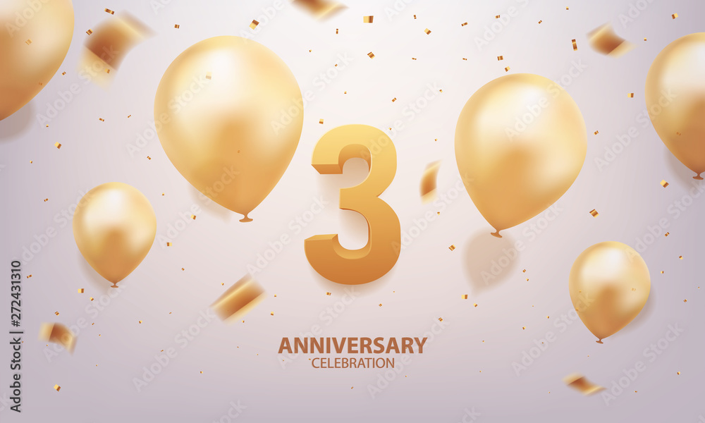 3rd Year anniversary celebration background. 3D Golden number with ...