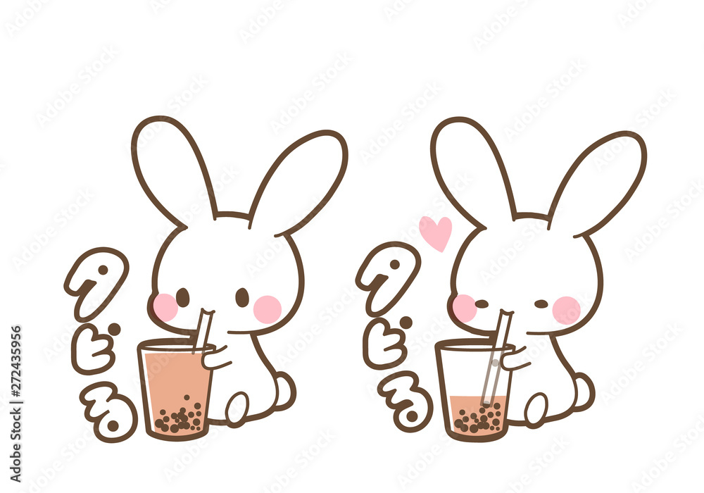 タピオカミルクティーを飲むうさぎちゃんのイラスト素材・タピる