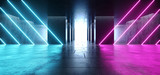 Fototapeta Do przedpokoju - Neon Glowing Line Shaped Lasers Purple Blue Modern Futuristic Sci Fi Concrete Grunge Reflective Tiled Floor Columns Hallway Garage Underground White Glow Asphalt Room Gallery Elegant 3D Rendering