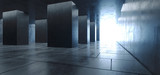 Fototapeta Do przedpokoju - Modern Futuristic Sci Fi Concrete Grunge Reflective Tiled Floor Columns Hallway Garage Underground White Glow Asphalt Room Gallery Elegant 3D Rendering