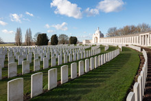 Belgium - February 12, 2018: Memorial Wall And Graves At Tyne Cot Cemetery, The Largest British Military Cemetery In The World