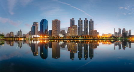 Wall Mural - panorama night cityscape light building skyline of skyscraper in city downtown the landmark in Bangkok Thailand for business and travel center.