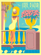 Woman On Vacation On French Riviera Coast. Vintage Poster.