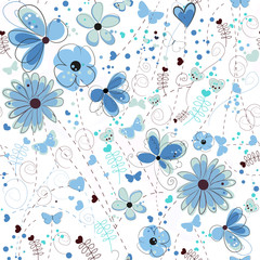  Abstract blue flowers hand drawn elegant pattern