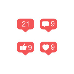 Poster - Social media set notifications icons .Flat design social network rating icons: thumbs up icon, heart symbol, repost and new follower set