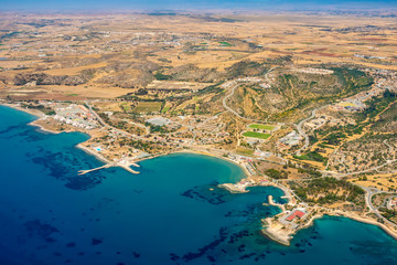 Canvas Print - Cyprus. Cyprus island coast panorama from a drone. The landscape of Cyprus. Cypriot cities. Mediterranean sea shore.