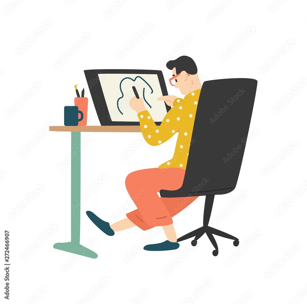 Funny young man sitting at desk and drawing on graphic tablet. Digital designer, illustrator or freelancer working at home. Cute guy enjoying his hobby. Flat cartoon colorful vector illustration. - obrazy, fototapety, plakaty 