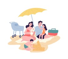 Cute Happy Family Spending Summer Vacation At Resort. Mother, Father And Children Sunbathing And Building Sand Castle On Beach. Parents And Kids Having Fun Outdoors. Flat Cartoon Vector Illustration.