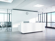Blank white reception desk in concrete office with large windows Mockup 3D rendering