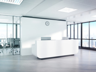 Poster - Blank white reception desk in concrete office with large windows Mockup 3D rendering