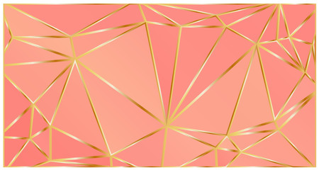 Wall Mural - Coral color premium background with luxury polygonal pattern and gold triangle lines.