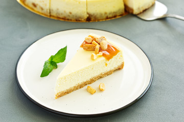 Poster - Cheesecake with caramel and peanuts. Slice.