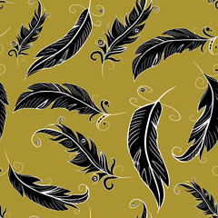  Black feathers seamless pattern. Vector illustration of feathers on golden background