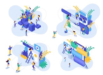 Wall Mural - isometric set concept career ladder for women, communication of young people in social networks. mod