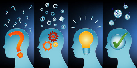 Problem thinking inspiration idea and success. Human head problem analysis solution concept. Head series with problem solving symbols. Blue background